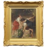 G W Campotosto, Belgian, mid-late 19th century- Women at a well; oil on canvas, signed, 28.5x23.