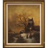 F Gregory, British, mid 19th century- A house and figures in snowy landscape; oil on canvas, signed,