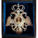 A jewelled silver filigree miniature frame, 18th century, formed as an Imperial double-headed