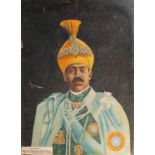 A painted portrait of Nisam VII, 20th century, depicted in a be-jeweled turban and official robes,