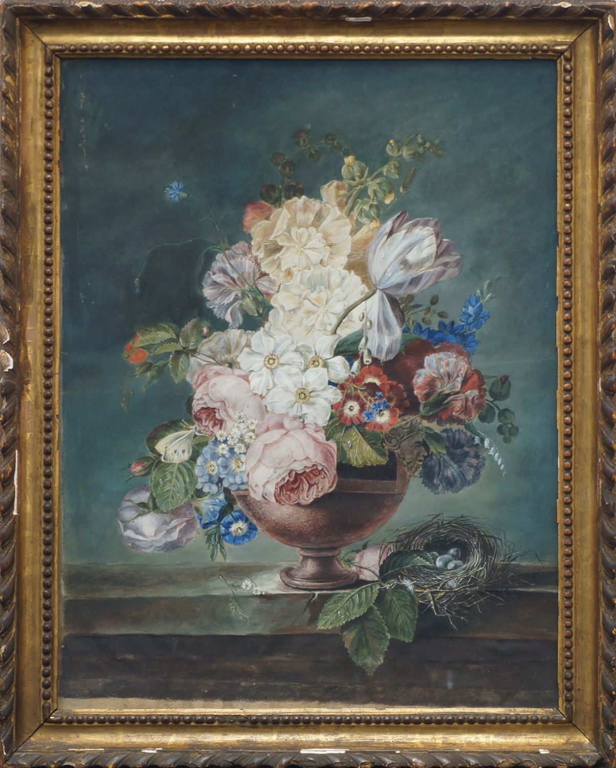 Follower of Gerardus Van Spaendonck, Dutch 1746-1822- Flowers in an urn with fruit on a ledge;