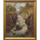 William Gray, British, mid-late 19th century- Waterfall through woodland; oil on canvas, signed, 75.