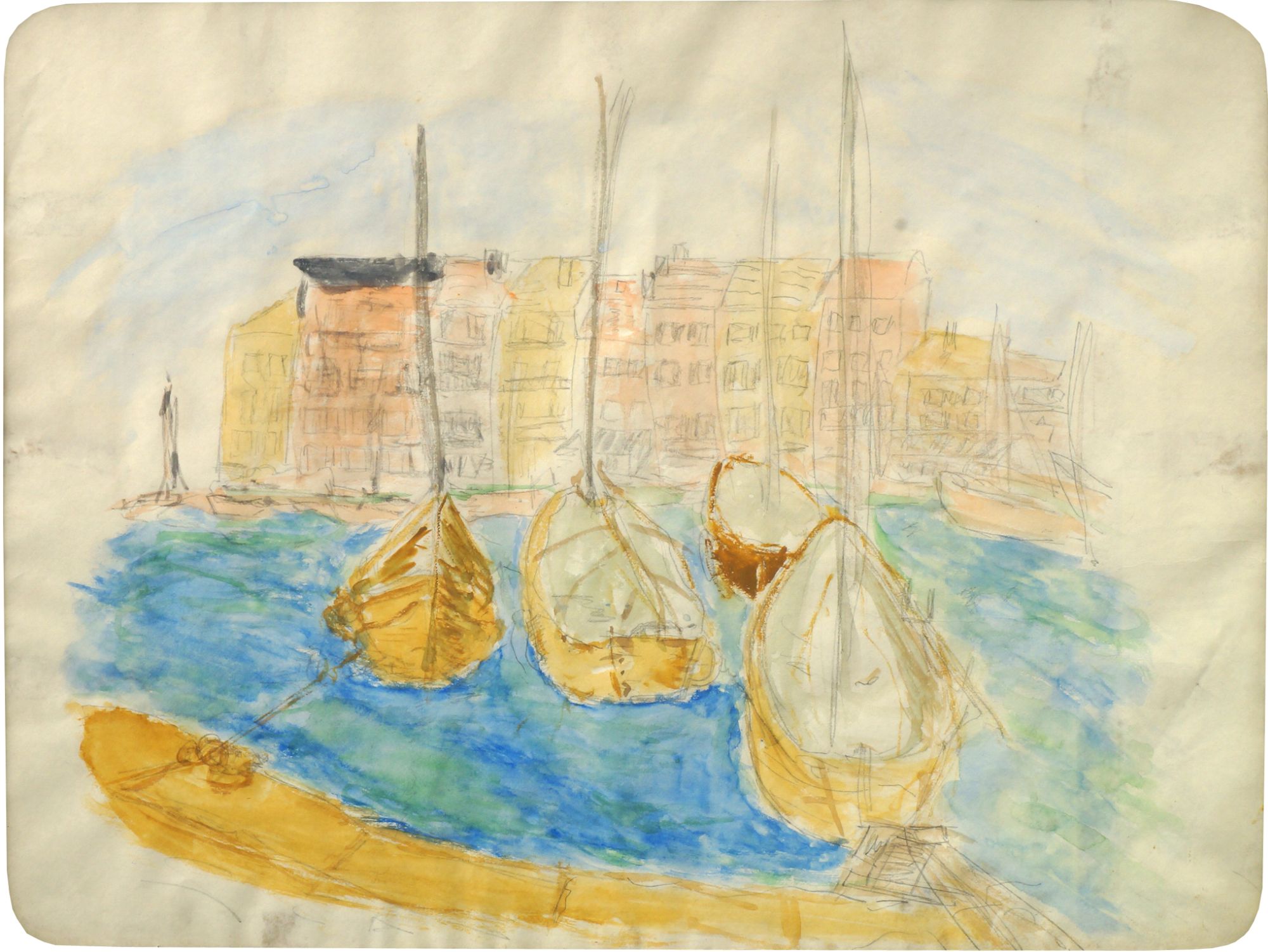 British School, early-mid 20th century- Yachts moored in a harbour; watercolour,