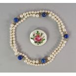 A cultured pearl and lapis lazuli bead necklace,