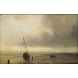 Theodore Gudin, French 1802-1880- A beached fishing boat with a storm approaching; oil on panel,