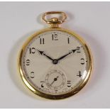 A slim 9ct golf cased manual wind open face pocket watch, silvered engine turned dial,