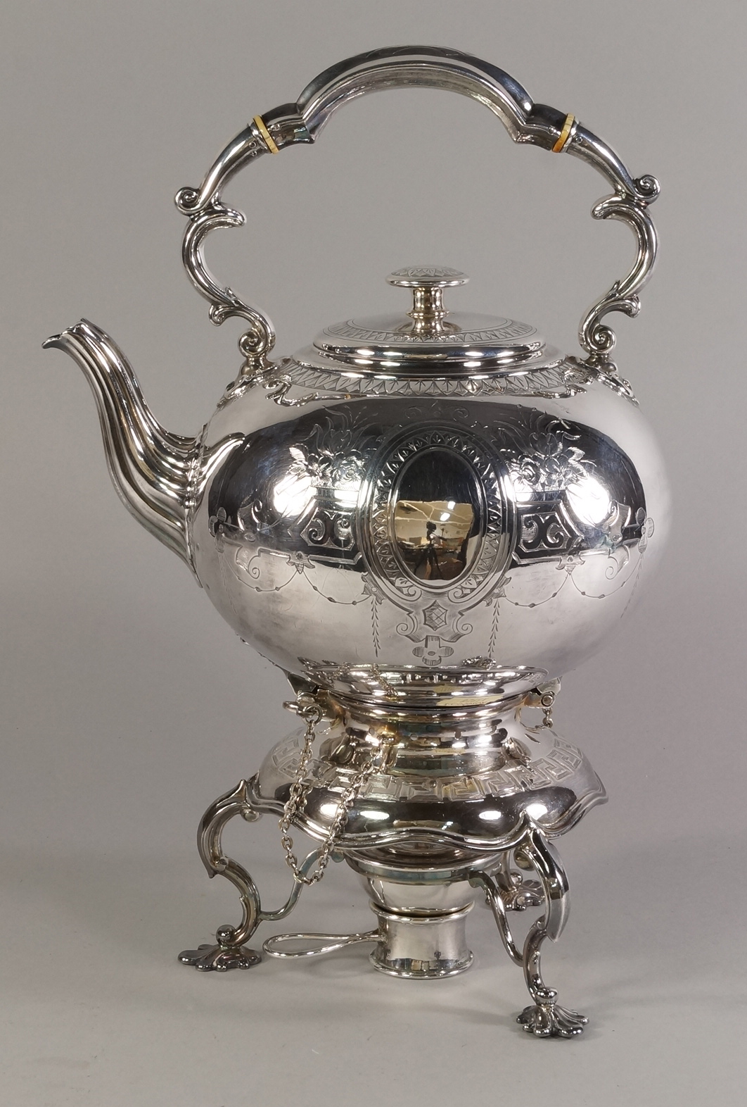 A late 19th century engraved EPBS kettle on spirit burner stand, approx 36cm high.