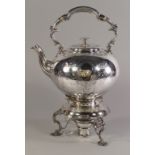 A late 19th century engraved EPBS kettle on spirit burner stand, approx 36cm high.