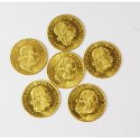 Six Austrian gold 1 Ducat coins, restrike,