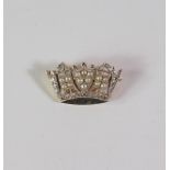 A 14ct gold and platinum diamond and pearl set brooch, in the form of a crown, approx 2cm wide,