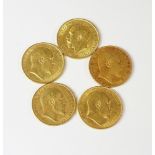 Five gold sovereigns, Edward VII 1904, 1905, 1908, 1909,