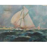 British School, early-mid 20th century- Sailing vessel along a coastline; oil on canvas, 48x60.