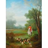 B Lander, late 20th /early 21st century- Huntsmen and hounds; oils on panel, three, ea.