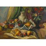 European School, early-mid 20th century- Still life with fruit and a vase of flowers; oil on canvas,