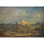 Joseph Longhurst, British 1874-1922- View of hill-top town; oil on panel, signed, 16.7x23.