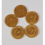 Five gold sovereigns, Edward VII 1907, 1910, 1910, George V 1912,