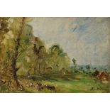 Edouard-Jacques Dufeu, French 1840-1900- Rural wooded landscape; oil on canvas, signed, 19.2x17.