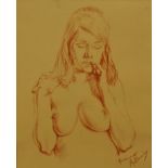 Franco Matania, Italian 1922-2006- Female nude half-length; red chalk on coloured paper, signed,