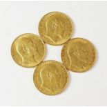 Four gold sovereigns, Edward VII 1907, 1908, 1909,