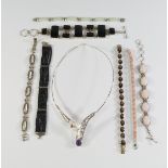 A collection of silver and stone jewellery, to include seven various bracelets and an amethyst,