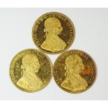 Three Austrian gold 4 Ducat coins, restrike,