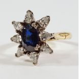 A sapphire and diamond cluster ring, the oval cut sapphire with a border of eight pear cut diamonds,