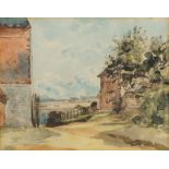 Attributed to Thomas Churchyard, British 1798-1865- Lane between two cottages, watercolour, 9.5x11.