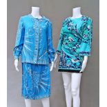 Emilio Pucci: a blue and grey silk collarless blouse with matching skirt, labelled size 10,