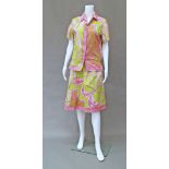 Emilio Pucci: a cotton skirt and short sleeve blouse suit, in pink and green, labelled size 10.