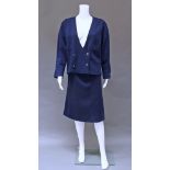 Chanel Boutique: a navy blue wool two piece skirt and jacket suit,