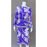 Emilio Pucci: a skirt and blouse suit, purple and ivory, with rouleau neck ties and belt, no label.