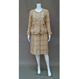 Chanel Boutique: a pink and mint green wool boucle two piece skirt and jacket suit,