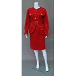 Chanel Boutique: a red two piece skirt and jacket suit,