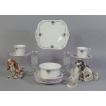 A Shelley tea service, printed and painted with flowers within geometric framing,