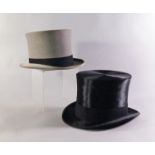 Two top hats, 20th century, of grey felt and black silk, both by Scott and Co,