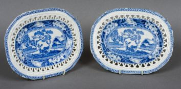 A pair of early 19th century Rogers pearlware blue and white platters
Each with pierced rim and