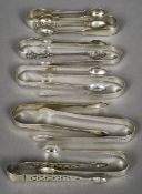 Ten pairs of Georgian and Victorian silver sugar tongs, various dates and makers
Various sizes.