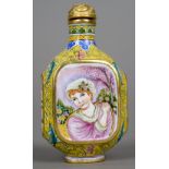 A Canton enamel snuff bottle
Decorated with scenes of a European girl,
