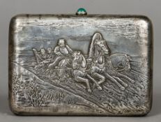 A Russian Komai Otojiro Nunome-Zougan decorated silver cigar case
Embossed with a Troika scene