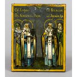 A small Russian painted icon
Decorated with four named saints, variously inscribed to verso.