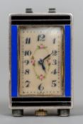 A miniature enamel decorated silver carriage clock
With blue and black enamel decorations.  4.