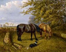 SAMUEL JOSEPH CLARK (1834-1912) British
Working Horses and Dog in a Rural Landscape
Oil on