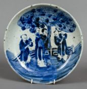 A Chinese blue and white porcelain shallow bowl
Decorated with figures in a garden.  29 cm diameter.