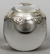 A Victorian silver mounted glass desk top inkwell, hallmarked London 1886,