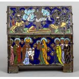 A Continental Arts & Crafts enamelled casket
Decorated with religious scenes.  16 cm wide.