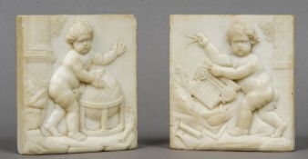 A pair of 17th century carved white marble panels
One depicting science, the other geography.