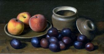 *AR GARETH HAWKER (born 1950) British
Still Life With Fruit
Oil on board
Signed with initials
32.