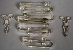 Ten pairs of Georgian and Victorian silver sugar tongs, various dates and makers
Various sizes.