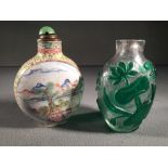 Two Chinese snuff bottles
One enamelled with red painted Qianlong six character mark to base,