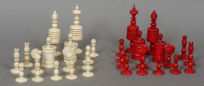 A 19th century carved bone and stained bone chess set
The kings 14 cm high.